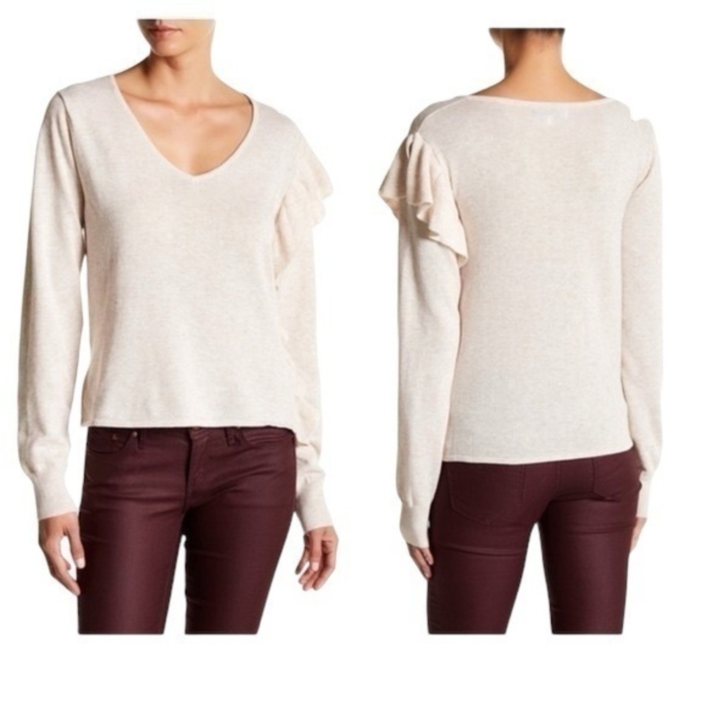 John + Jenn asymmetrical ruffled sweater in sand color